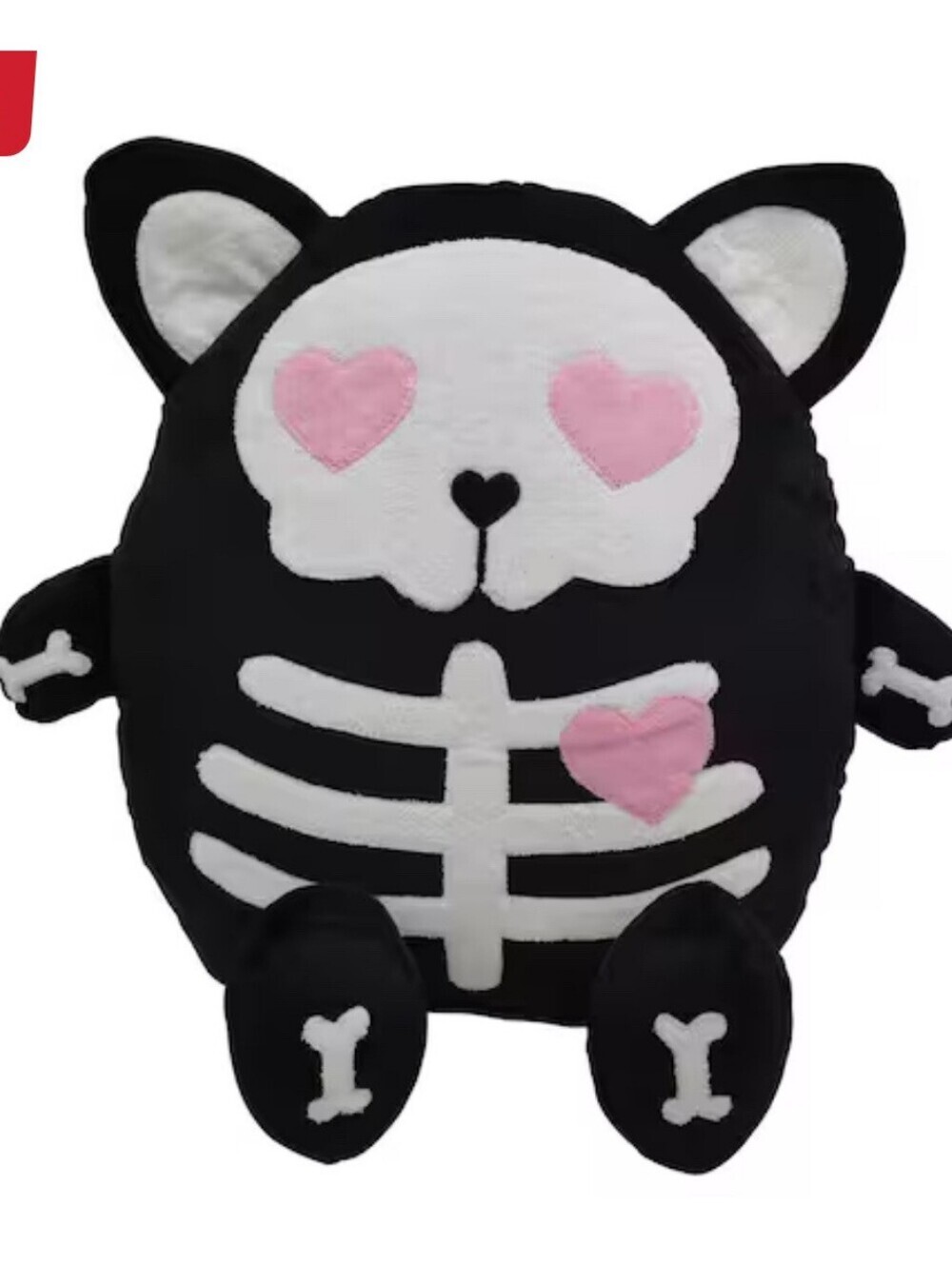 Black Skeleton Cat Plush Pillow with Pink Heart Details